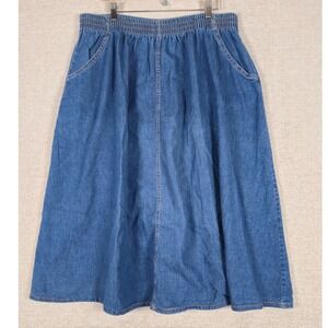 Kayo of California Vintage Denim Midi Skirt Blue Elastic Waist 100% Cotton USA